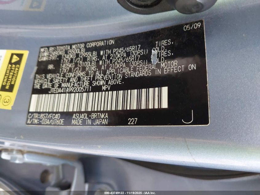 2009 Toyota Highlander VIN: JTEDA41A992005711 Lot: 43749122