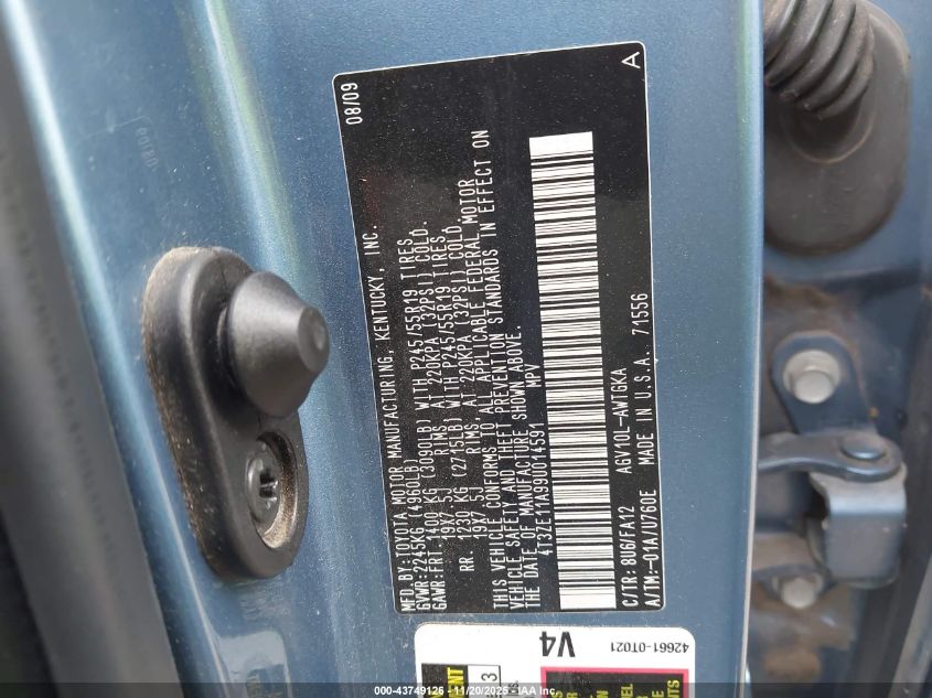 2009 Toyota Venza VIN: 4T3ZE11A99U014591 Lot: 43749126