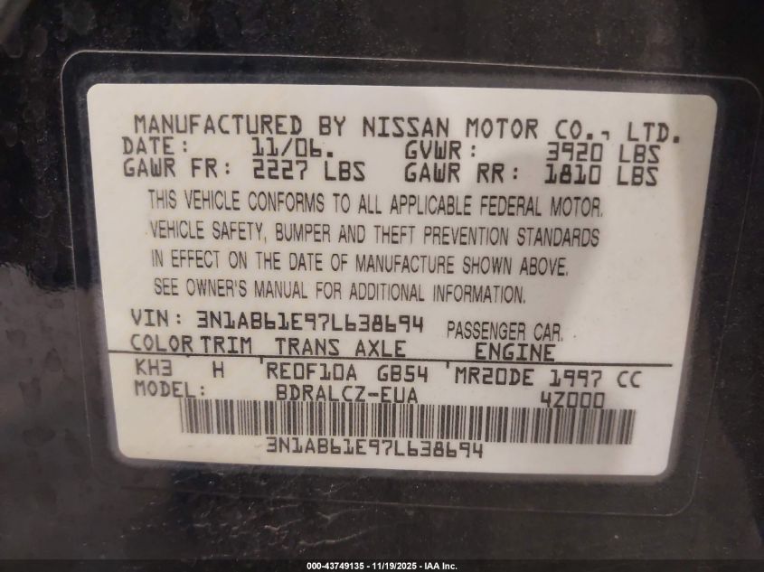 2007 Nissan Sentra 2.0 VIN: 3N1AB61E97L638694 Lot: 43749135