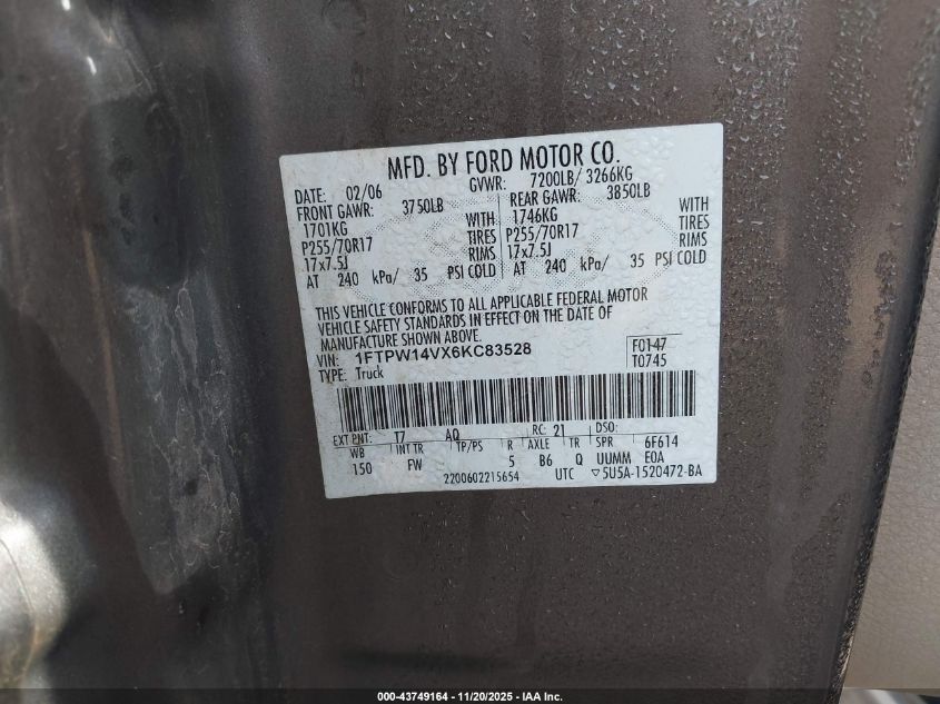 2006 Ford F-150 Fx4/Lariat/Xlt VIN: 1FTPW14VX6KC83528 Lot: 43749164