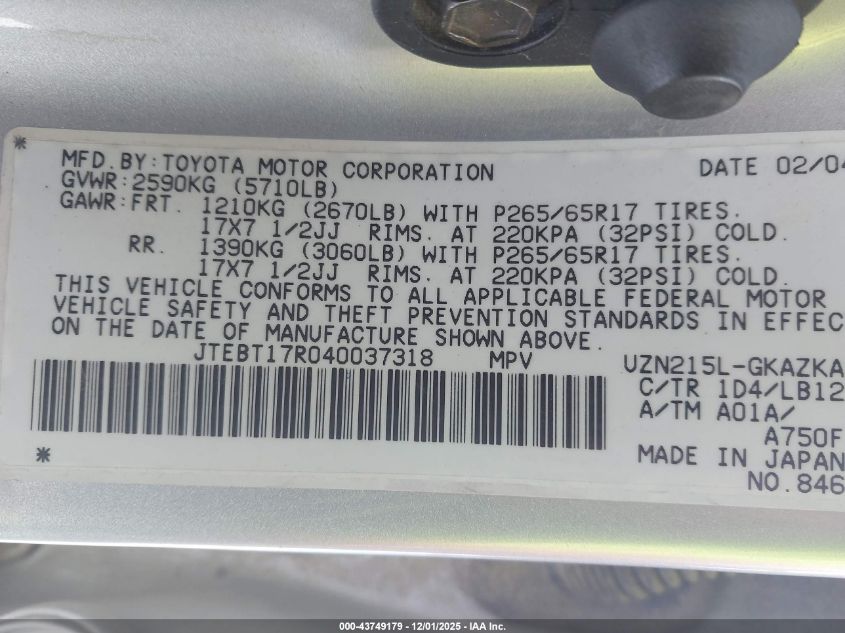 2004 Toyota 4Runner Limited VIN: JTEBT17RQ40037318 Lot: 43749179