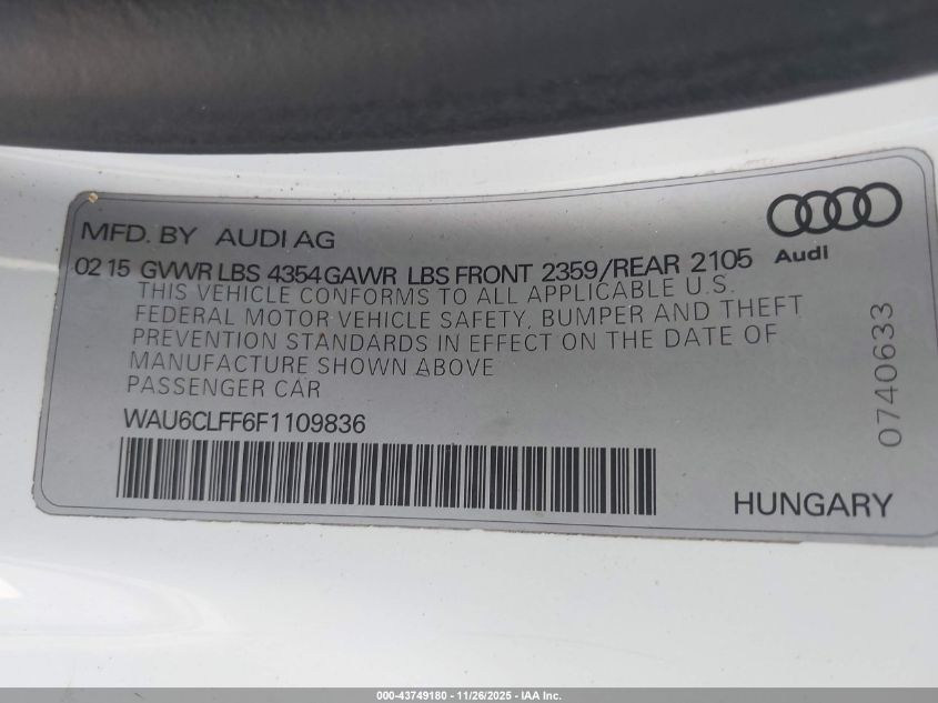 2015 Audi A3 1.8T Premium VIN: WAU6CLFF6F1109836 Lot: 43749180