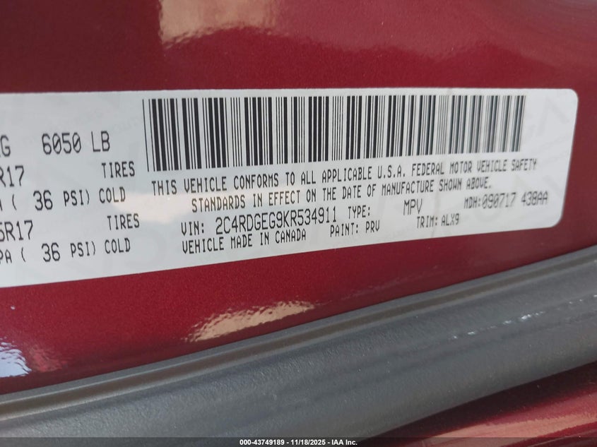 2C4RDGEG9KR534911 2019 DODGE CARAVAN photo no. 9