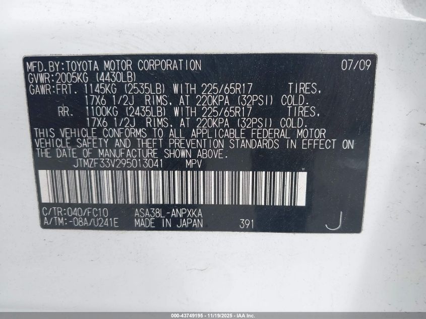 2008 Toyota Rav4 VIN: JTMZF33D295013041 Lot: 43749195