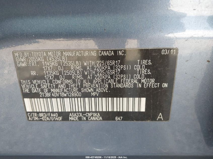 2011 Toyota Rav4 VIN: 2T3BF4DV1BW128900 Lot: 43749206