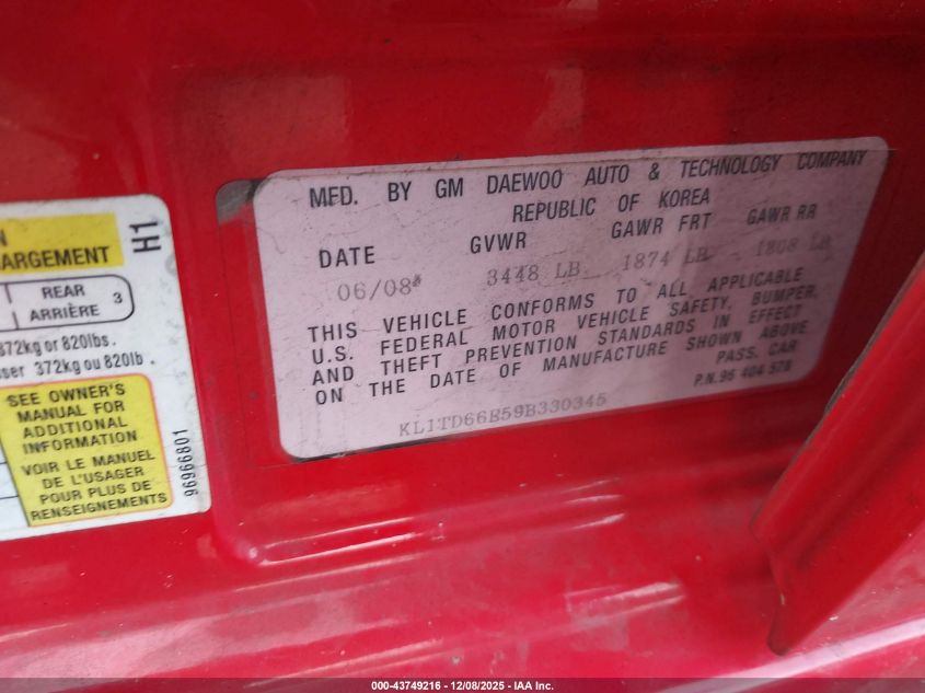 2009 Chevrolet Aveo Lt VIN: KL1TD66E59B330345 Lot: 43749216