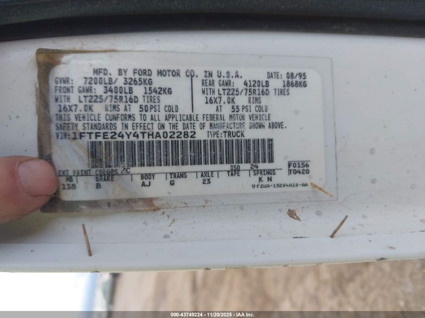 1996 Ford Econoline E250 Van VIN: 1FTFE24Y4THA02282 Lot: 43749224
