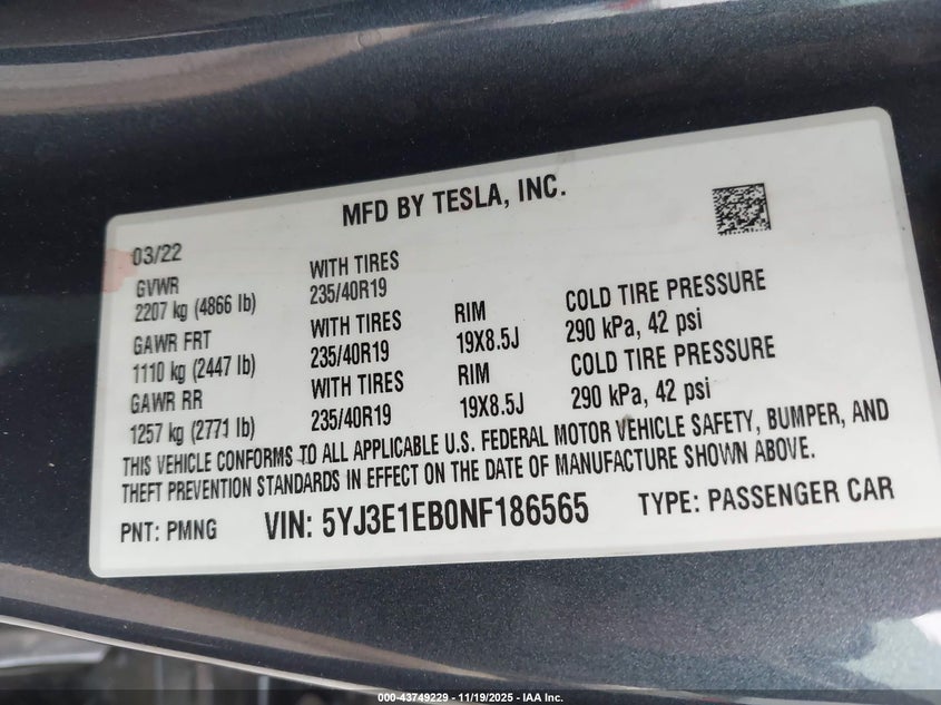 5YJ3E1EB0NF186565 2022 TESLA MODEL 3 photo no. 9