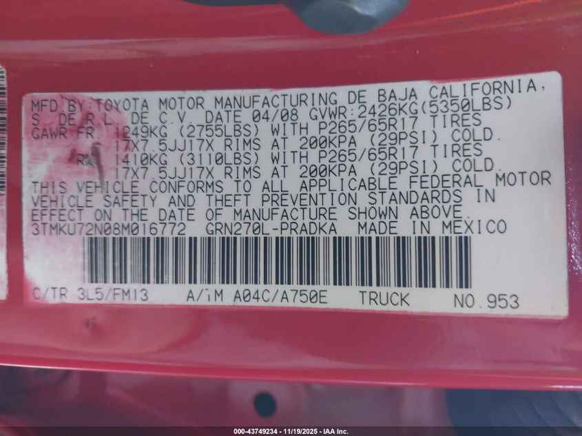 2008 Toyota Tacoma Prerunner V6 VIN: 3TMKU72N08M016772 Lot: 43749234