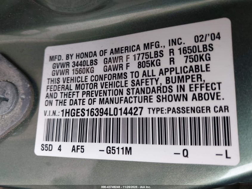 2004 Honda Civic Vp VIN: 1HGES16394L014427 Lot: 43749248