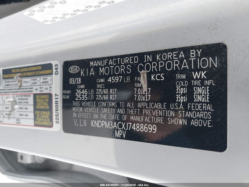 2018 Kia Sportage Lx VIN: KNDPM3ACXJ7488699 Lot: 43749251