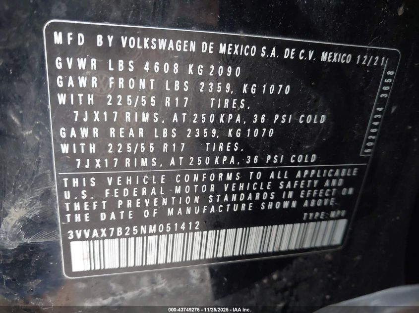 2022 Volkswagen Taos 1.5T S VIN: 3VVAX7B25NM051412 Lot: 43749276