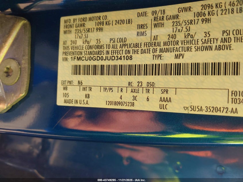 2018 Ford Escape Se VIN: 1FMCU0GD0JUD34108 Lot: 43749295