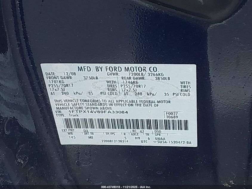 2009 Ford F-150 Xlt VIN: 1FTPX14V89FA33084 Lot: 43749318