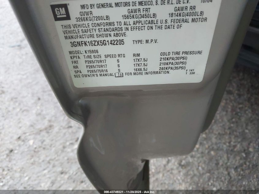 2005 Chevrolet Suburban 1500 Z71 VIN: 3GNFK16ZX5G142205 Lot: 43749321