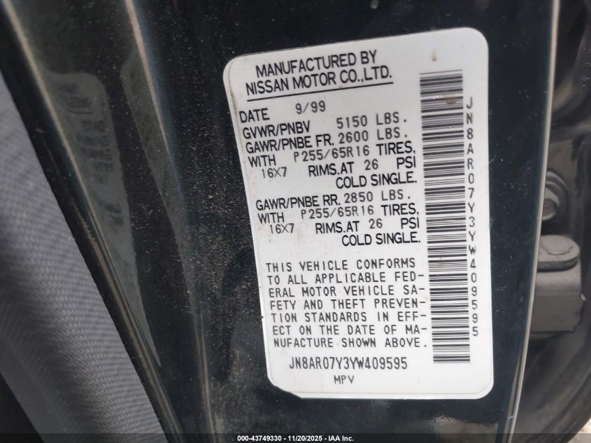 2000 Nissan Pathfinder Le/Se/Xe VIN: JN8AR07Y3YW409595 Lot: 43749330