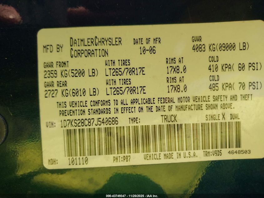 2007 Dodge Ram 2500 Slt/Sport VIN: 1D7KS28C87J540686 Lot: 43749347