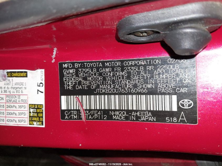 2006 Toyota Prius VIN: JTDKB20U763160966 Lot: 43749352