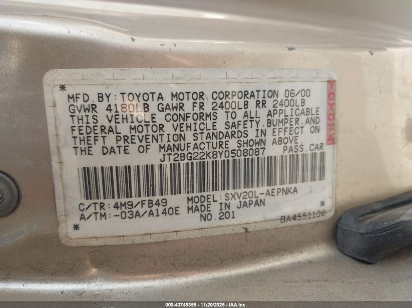 2000 Toyota Camry Le VIN: JT2BG22K8Y0508087 Lot: 43749355