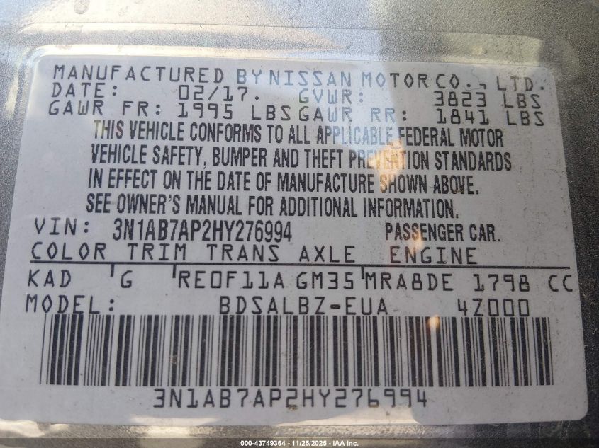 2017 Nissan Sentra S VIN: 3N1AB7AP2HY276994 Lot: 43749364