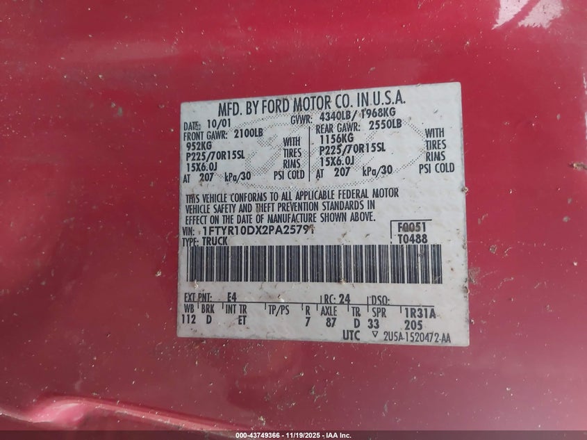 2002 Ford Ranger Xl/Xlt VIN: 1FTYR10DX2PA25791 Lot: 43749366