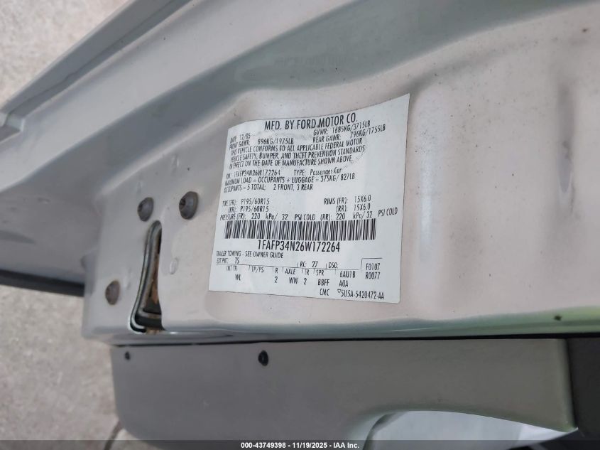 2006 Ford Focus Zx4 VIN: 1FAFP34N26W172264 Lot: 43749398