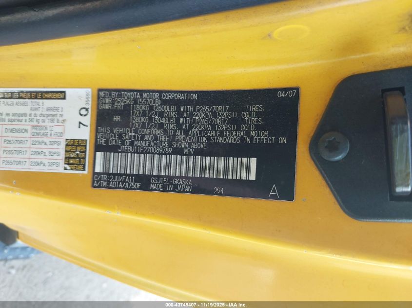 2007 Toyota Fj Cruiser VIN: JTEBU11F270089789 Lot: 43749407