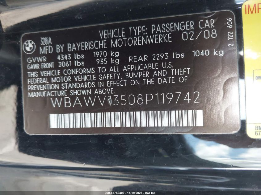 2008 BMW 328I VIN: WBAWV13508P119742 Lot: 43749409
