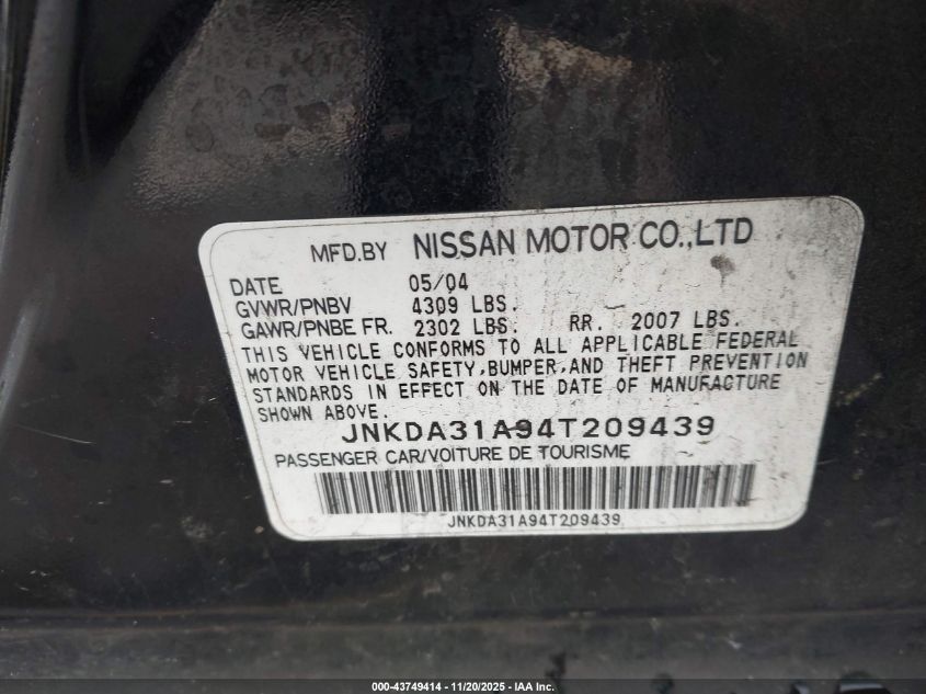 2004 Infiniti I35 Luxury VIN: JNKDA31A94T209439 Lot: 43749414