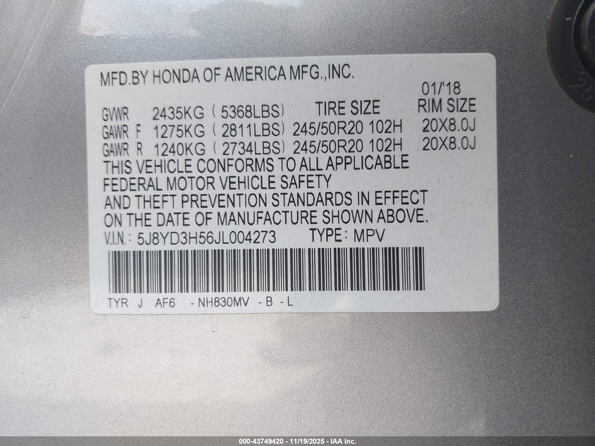 2018 Acura Mdx Technology Package Acurawatch Plus Pkg VIN: 5J8YD3H56JL004273 Lot: 43749420