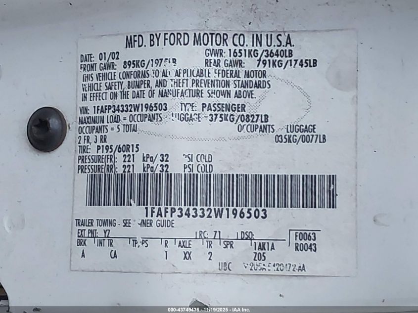 2002 Ford Focus Se VIN: 1FAFP34332W196503 Lot: 43749436