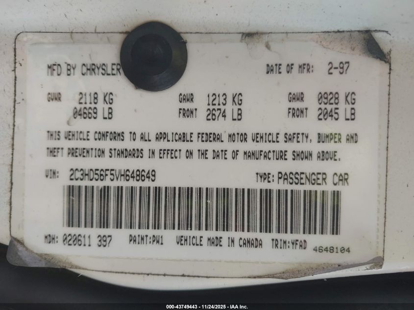 1997 Chrysler Concorde Lx VIN: 2C3HD56F5VH648649 Lot: 43749443