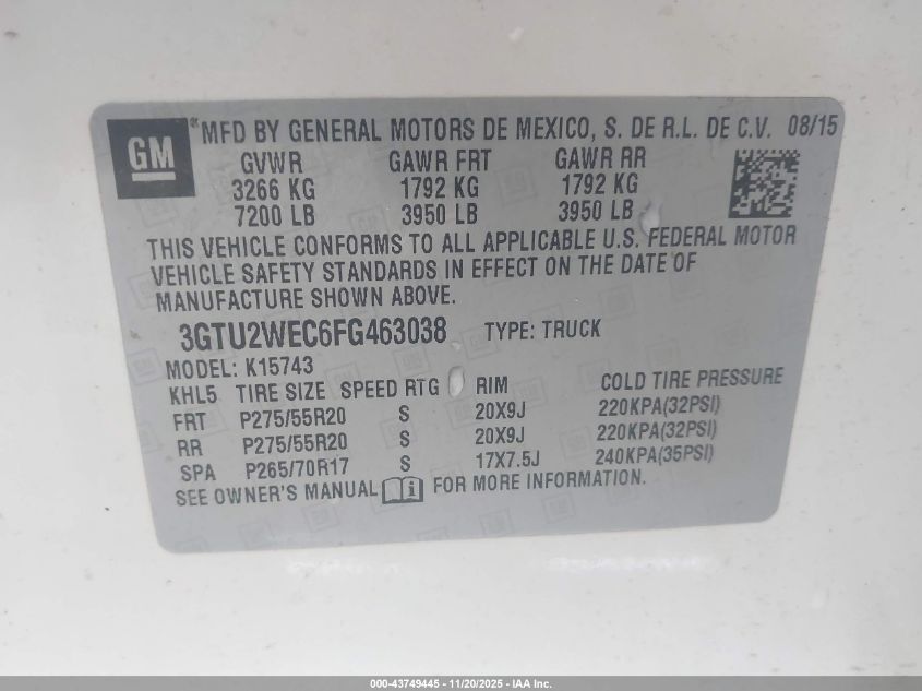 2015 GMC Sierra 1500 Denali VIN: 3GTU2WEC6FG463038 Lot: 43749445