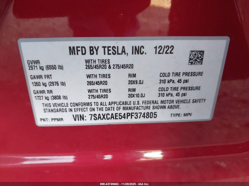2023 Tesla Model X Dual Motor All-Wheel Drive/Standard Range VIN: 7SAXCAE54PF374805 Lot: 43749462