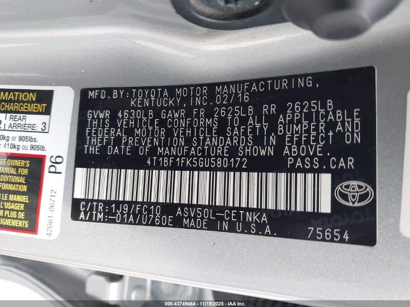 2016 Toyota Camry Le VIN: 4T1BF1FK5GU580172 Lot: 43749464