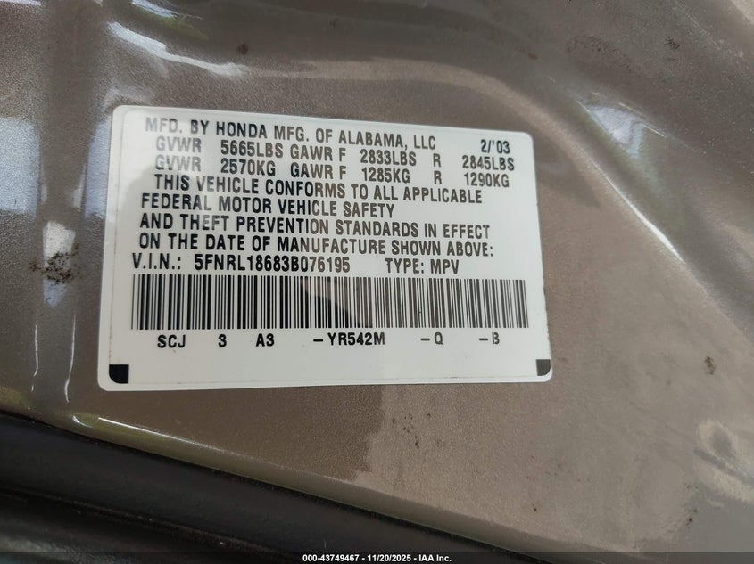 5FNRL18683B076195 2003 HONDA ODYSSEY photo no. 9