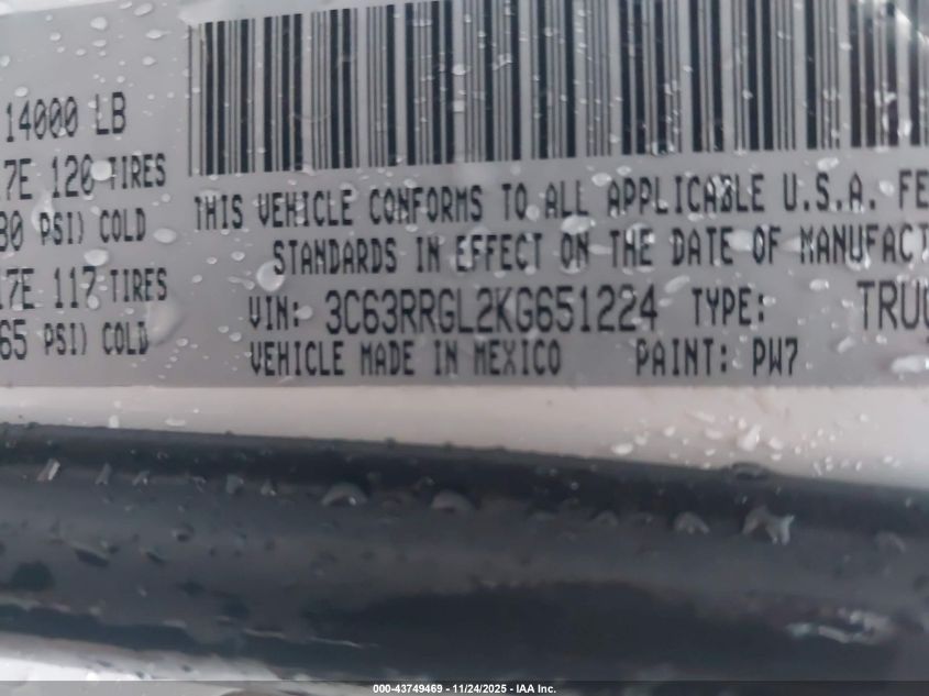2019 Ram 3500 Tradesman 4X4 8' Box VIN: 3C63RRGL2KG651224 Lot: 43749469