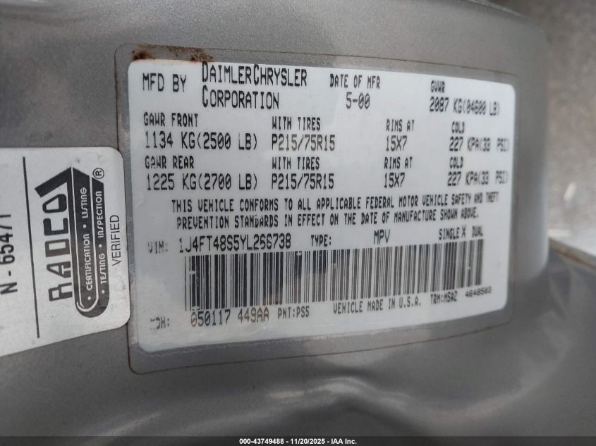 2000 Jeep Cherokee Sport VIN: 1J4FT48S5YL268738 Lot: 43749488