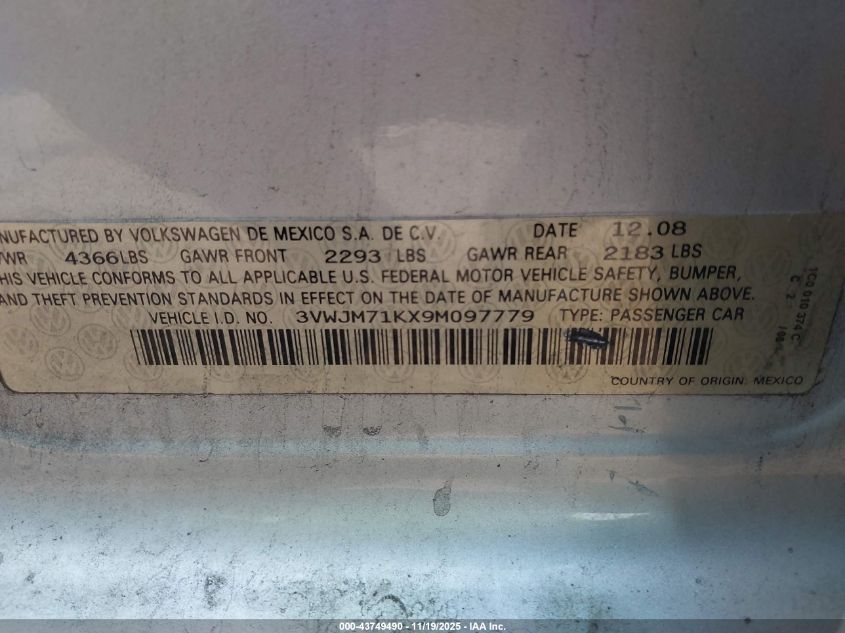 2009 Volkswagen Jetta S VIN: 3VWJM71KX9M097779 Lot: 43749490