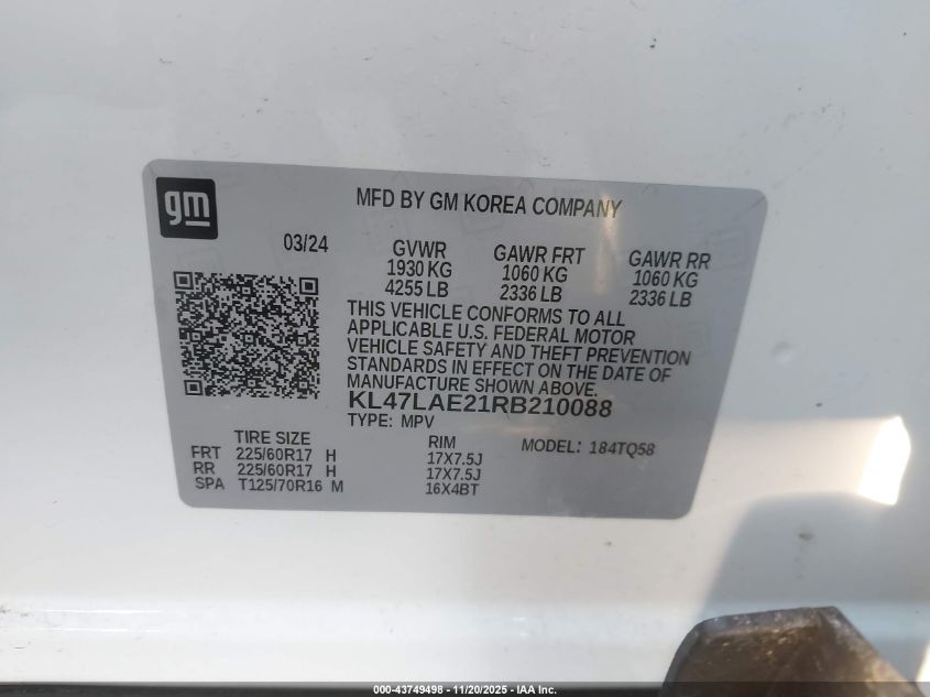 2024 Buick Envista Preferred Fwd VIN: KL47LAE21RB210088 Lot: 43749498