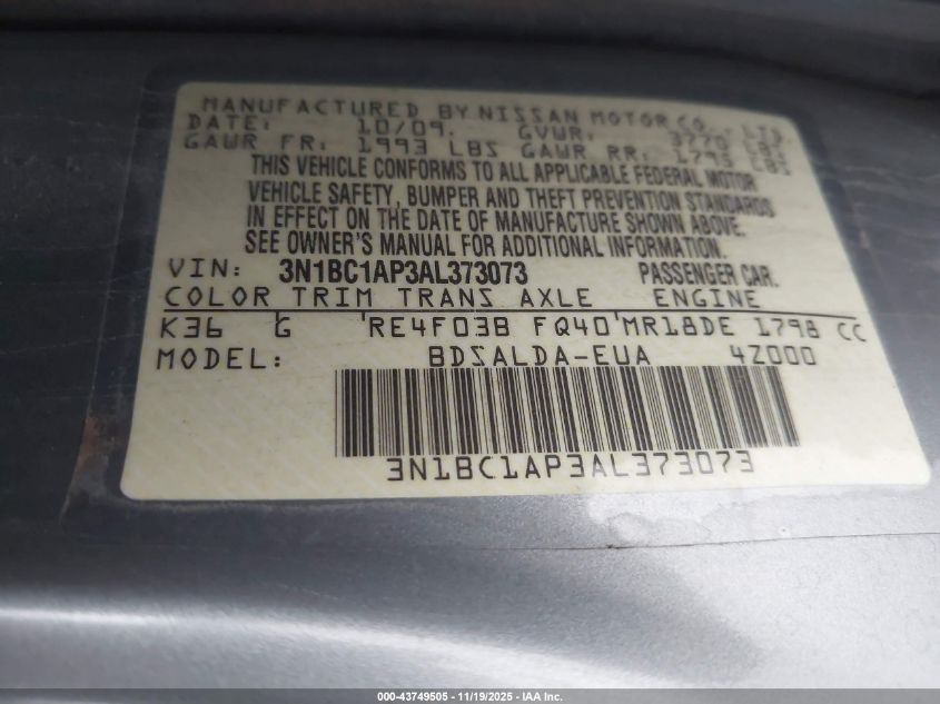 2010 Nissan Versa 1.8S VIN: 3N1BC1AP3AL373073 Lot: 43749505