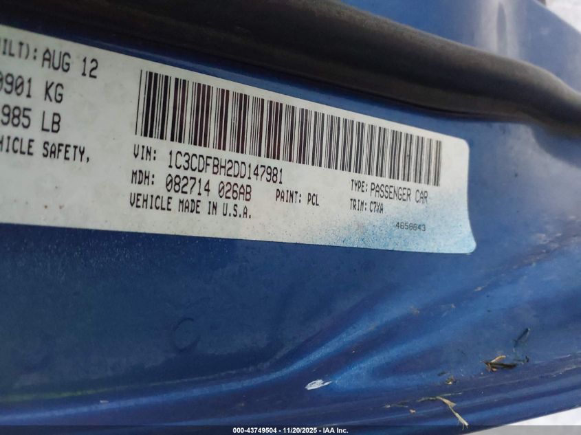 2013 Dodge Dart Rallye VIN: 1C3CDFBH2DD147981 Lot: 43749504