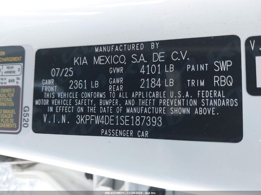 2025 Kia K4 VIN: 3KPFW4DE18E187393 Lot: 43749510