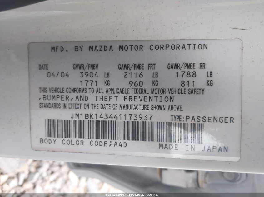 2004 Mazda Mazda3 S VIN: JM1BK143441173937 Lot: 43749517