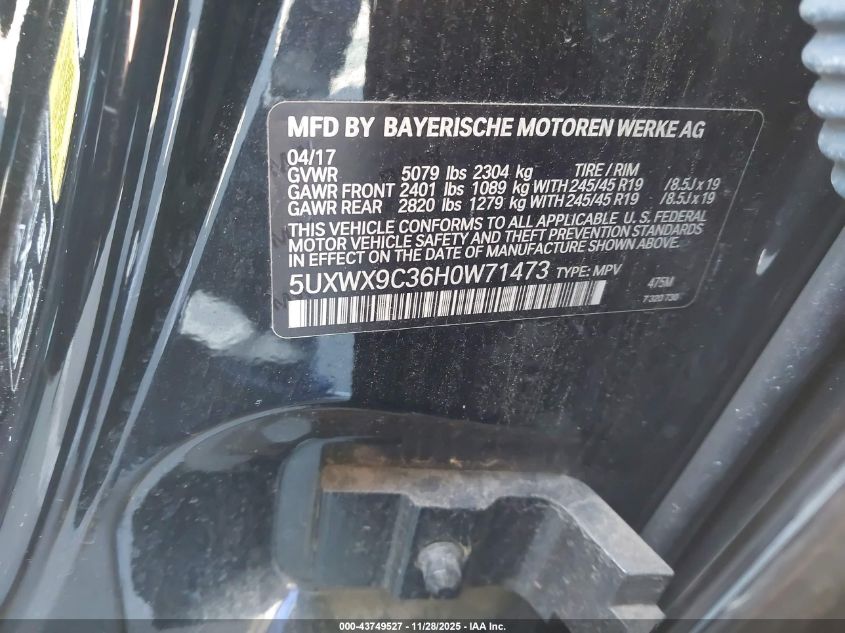 2017 BMW X3 xDrive28I VIN: 5UXWX9C36H0W71473 Lot: 43749527