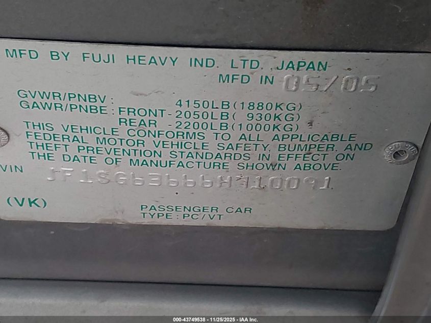 2006 Subaru Forester 2.5X VIN: JF1SG63666H710091 Lot: 43749538