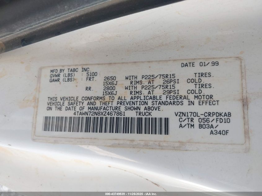 1999 Toyota Tacoma VIN: 4TAWN72N8XZ467861 Lot: 43749539