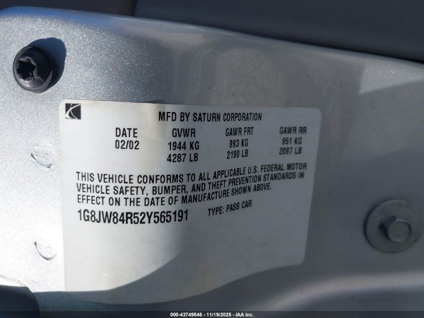 2002 Saturn L-Series Lw300 VIN: 1G8JW84R52Y565191 Lot: 43749546