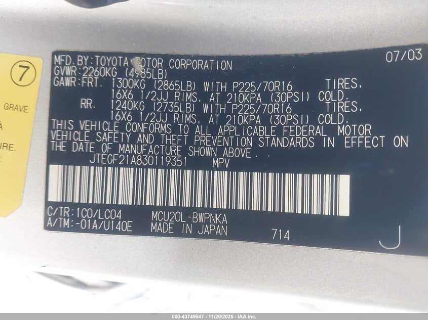 JTEGF21A830119351 2003 TOYOTA HIGHLANDER photo no. 9
