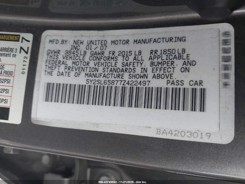 2007 Pontiac Vibe VIN: 5Y2SL65877Z422497 Lot: 43749552